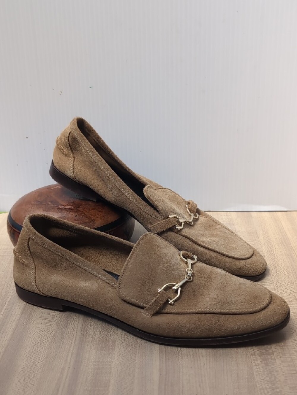 Zara Beige Suede Loafers with Gold Horsebit Size 40 US 9.5 Casual